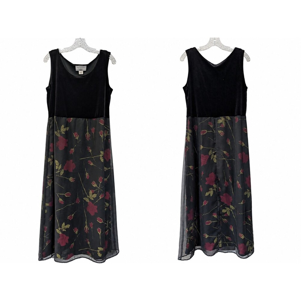 Carol Anderson Velvet Chiffon Rose Floral Midi Dress Black L Style 9401 Regency